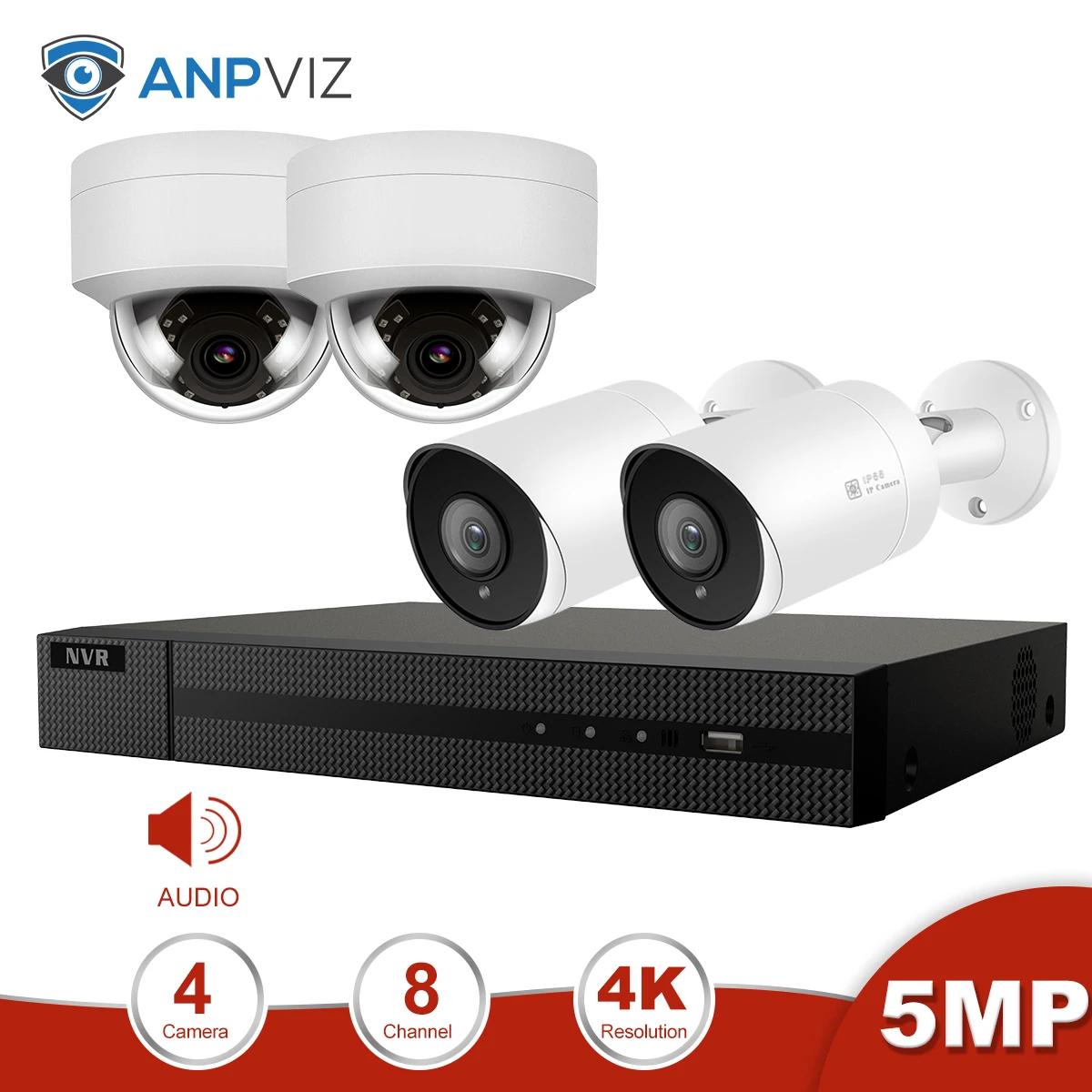 2 Dome 2 Bullet Kit Anpviz 8CH 4K NVR 5MP купол и цилиндрическая PoE Комплект ip-камеры с аудио дома/на открытом воздухе системы безопасности CCTV видеонаблюдение NVR комплект - Цвет: 2 Dome 2 Bullet Kit