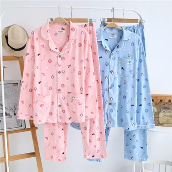 

Spring Autumn Cotton Knitted Couple Long-sleeved Korean Pajamas Suit Men Women Cardigan Casual Lapel Nightwear Pyjama Set