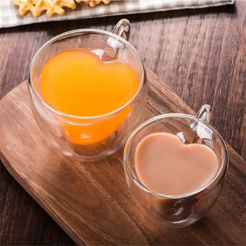 

Heart-Shaped Glass Cups Creative Double Layers Heat-resistant Drink Cup Personality Transparent Lovely Juice Coffee Drinkwares