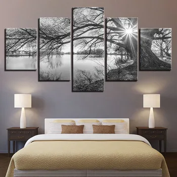 

5 Pieces Black and White Tree Canvas Wall Art Lake Landscape Canvas Pictures Framework Painting for Bedroom Living Room Decor