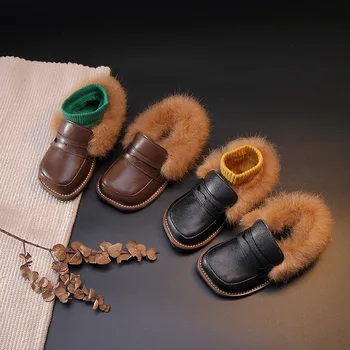 

Autumn Winter Girls Shoes Casual Children Loafers Warm Pu Leather Plush Fluffy Fur Kids Loafers With Metal Chain Boys Flats