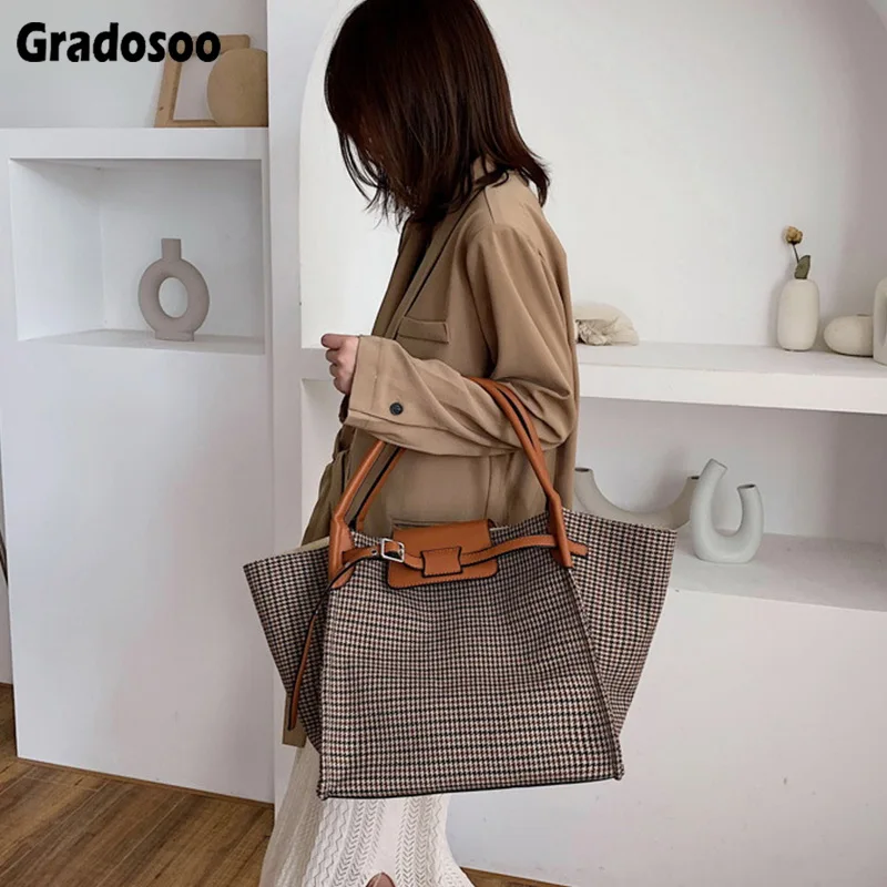 

Gradosoo Houndstooth Pattern Handbags Women Shoulder Bags Large Capacity Tote Bags Female Panelled PU Leather Bag Fashion LBF708