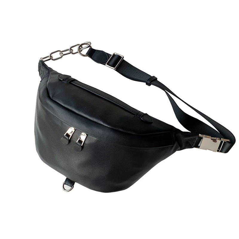 Black Real Genuine Cow Leather Large Fanny Packs Chest Waist Bum Belt Bags Crossbody Shoulder Messenger Handbags Women Female Men Male - Цвет: Black