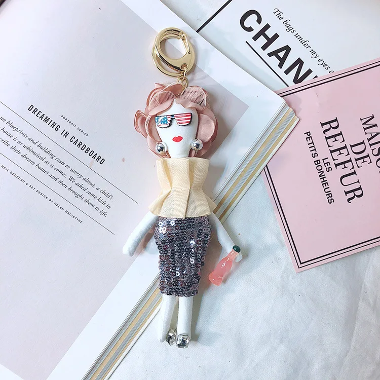 Korea Handmade Fahion Modern Girl Real Mink Fur Keychain Miss Lady Bag Pompom Bag Charm KeyRing Luxury Car Jewelry Pendant