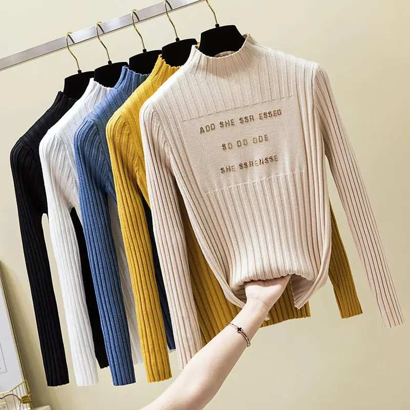 

Half high collar gilded letter knitted bottoming knitted shirt women's autumn winter 2019 new long sleeve sweater Pullover Tops