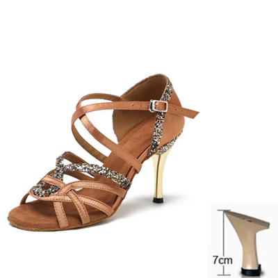 brown 7cm heel Профессиональная женская обувь для латинских танцев; обувь для взрослых и женщин; блестящая атласная Обувь для бальных танцев; женская обувь для сальсы и девочек - Цвет: brown 7cm heel