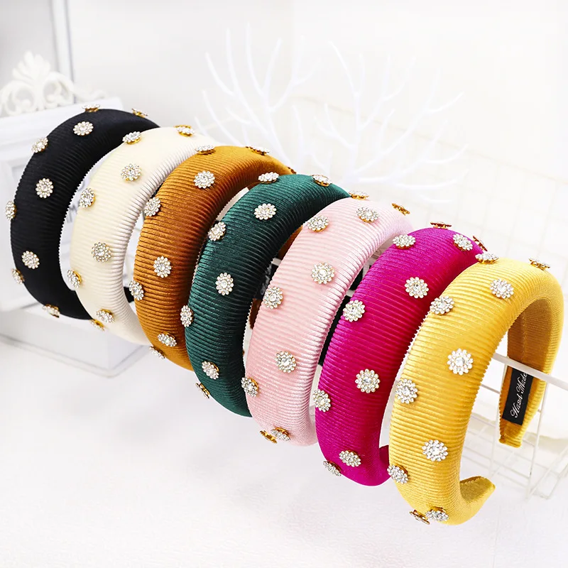 Xugar Rhinestone Gems Padded Headband for Women Wave Fabric Sponge Hairband Crystal Bezel Hair hoop Hair Accessories