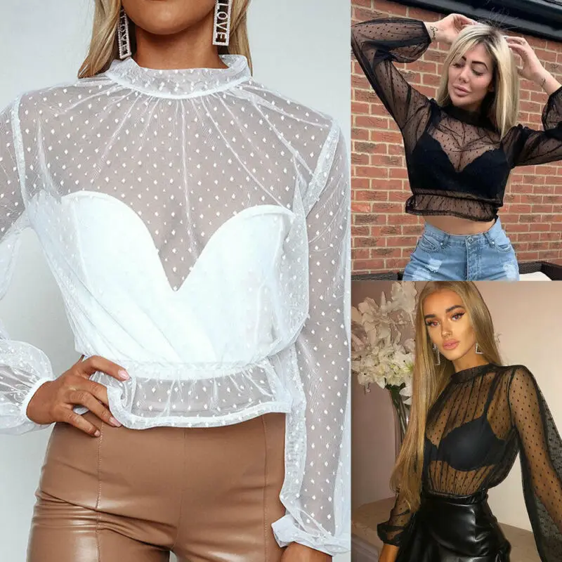 

Brand New Women T-Shirts Sheer Mesh Long Sleeve Tee Hollow Transparent Net Slim Tops Turtleneck See Through Dot Fashion Hot 2019