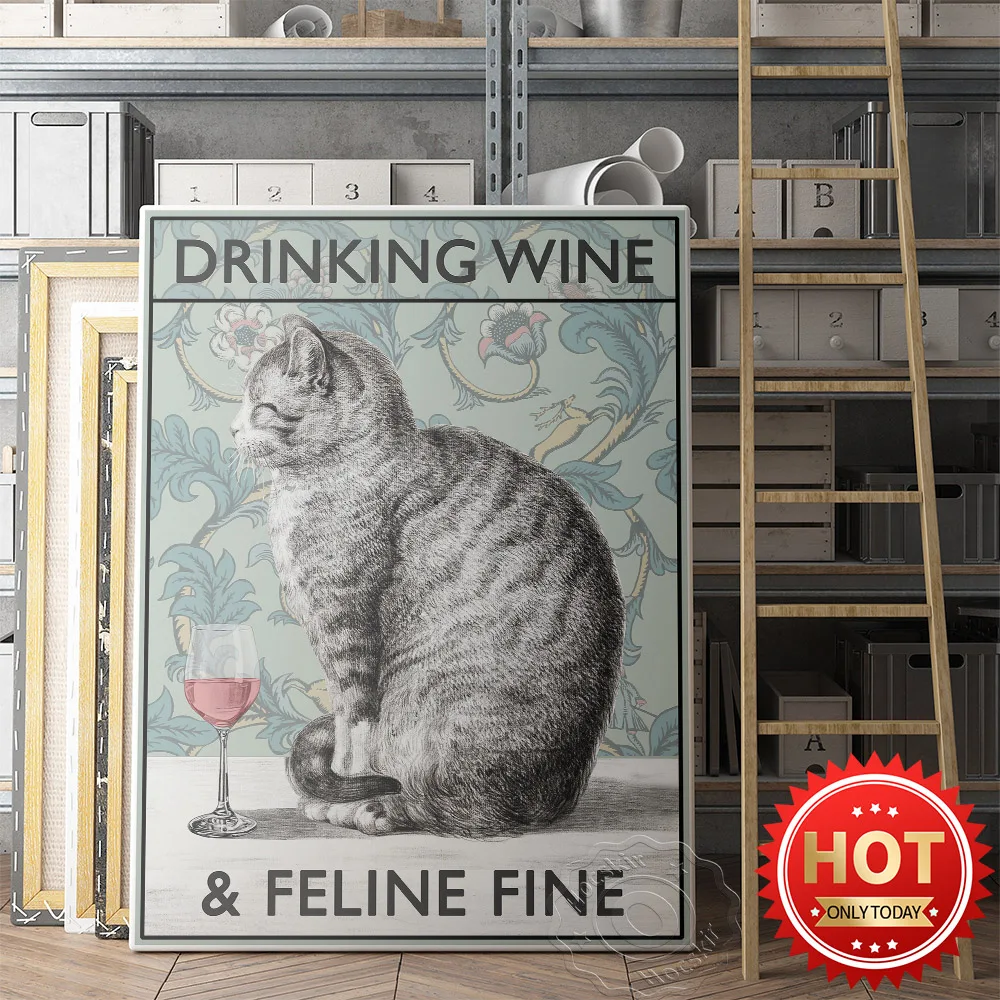 

Cat Wine Hilarious Poster, Vintage Poster, Drinking Wine Feline Fine, Animal Print, Animal Art, Wall Art Decor, Funny Prints Art