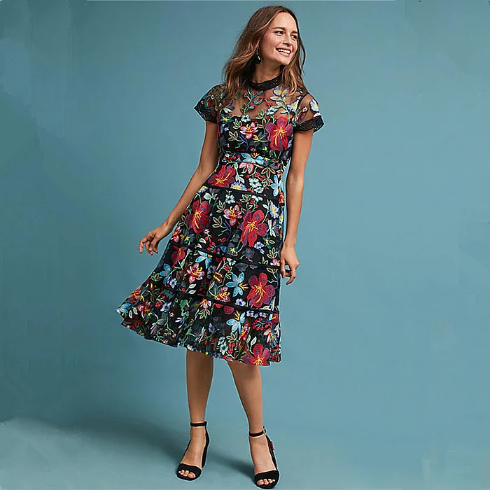 

HAMALIEL Autumn Women Party Dress 2019 Luxury Runway Embroidery Floral Lace Mesh Short Sleeve Female Bodycon Holiday Vestidos
