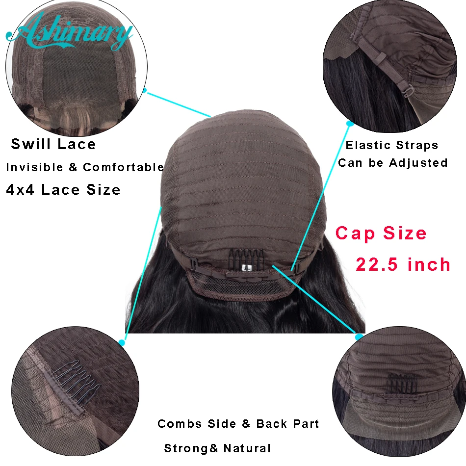 Comprar Ashimary 4x4 pelucas de cierre de encaje cabello humano brasileño cuerpo ondas encaje pelucas para mujeres negras prearrancadas con pelo de bebé densidad de 180%