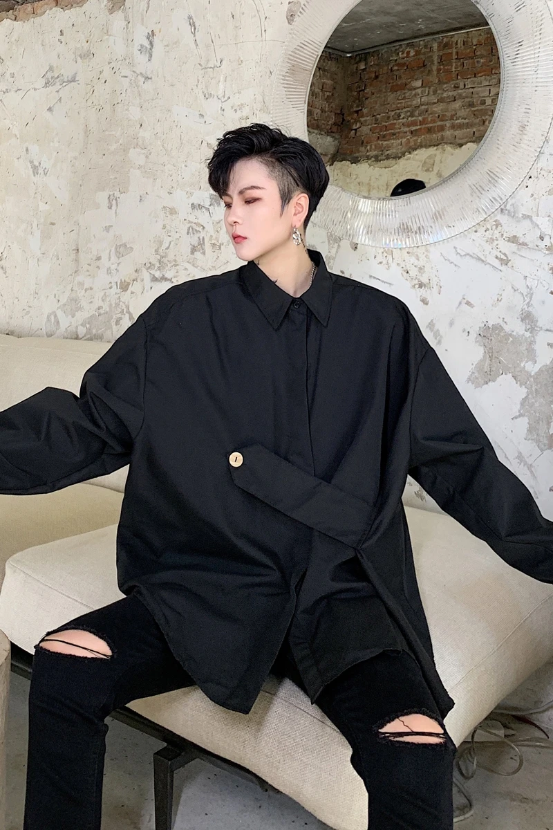S~ 6XL! На заказ размер плюс мужской трендовый средней длины сплошной цвет личности корейский Свободный парикмахер прилива мужской рубашки