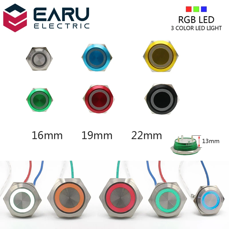 16/19/22mm 3 Triple Color RGB LED Light Mirco Switch Short Stroke Momentary Self-Reset Waterproof Metal Push Button Switch Power dimmable light switch
