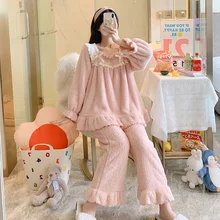 2021 New Winter Pajamas Female Student Coral Velvet Thickened Princess Kimono Lovely Lace Top Color Home Clothes Sweet Fashion