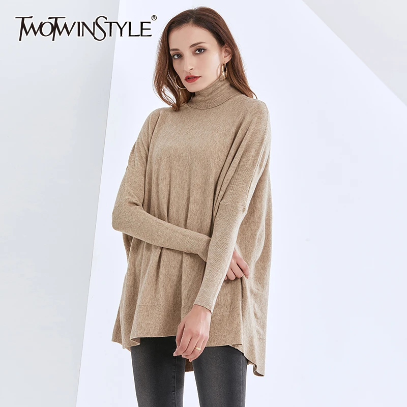 

TWOTWINSTYLE Casual Solid Color Women's Pullover Sweater Turtleneck Long Sleeve Oversiezed Loose For Female Casual Sweater