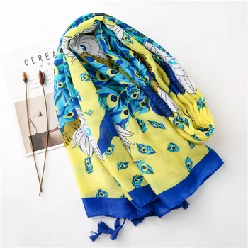 

KYQIAO Women winter scarf 2020 female autumn winter Spain style fashion hippie long yellow blue print scarf foreign orders