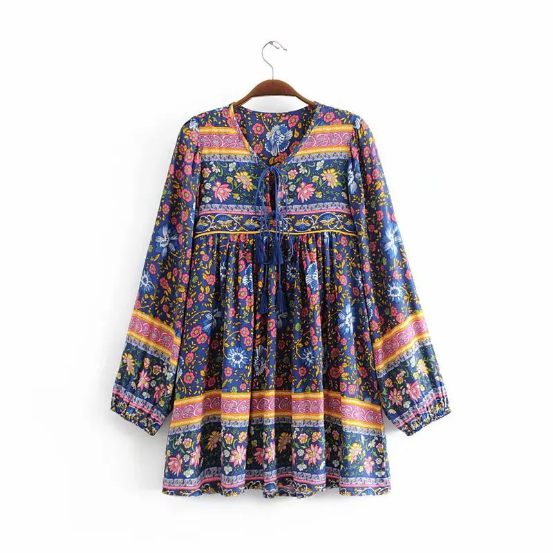 

Europe And America 2019 Summer New Style Loose-Fit Slimming Versatile Positioning Printed Lantern Sleeve Chest Bandage Cloth Dre