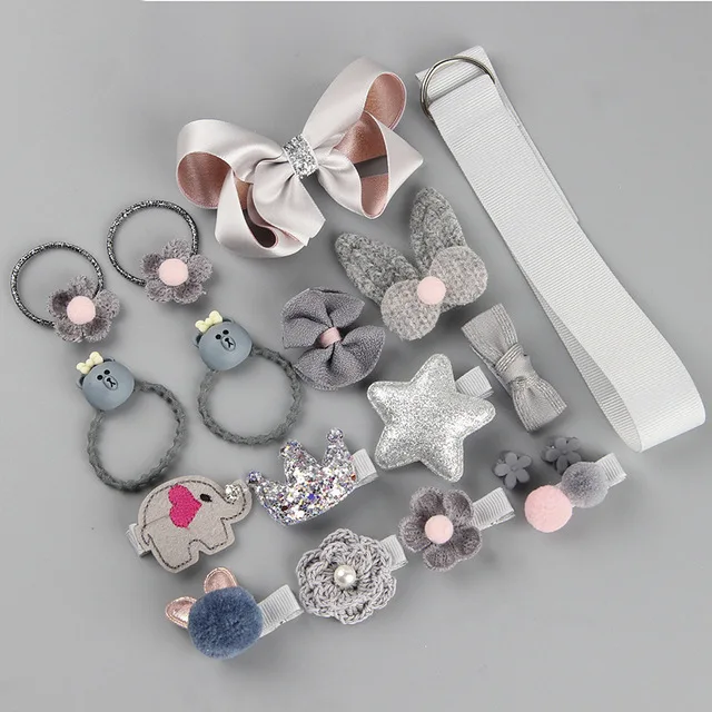 18/24 Pcs/Set Children Hair Clip Set Baby Head flower Fabric Bow Barrettes Hair clips Girl Elastic hair Headband Headdress Gift 18pcs--D