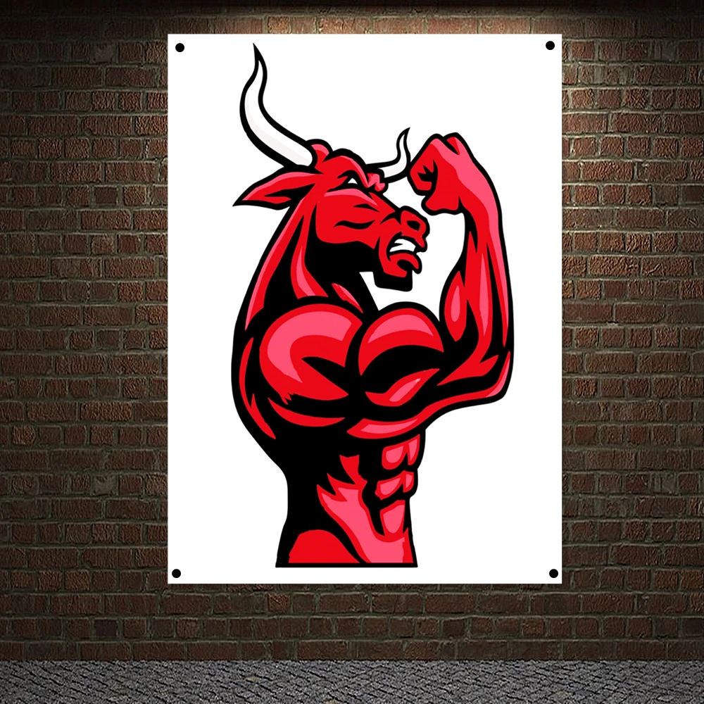 

Bull Muscular Body Fitness Inspirational Poster Workout Banner Wall Art Painting Tapestry 4 Grommets Custom Flag Gym Wall Decor