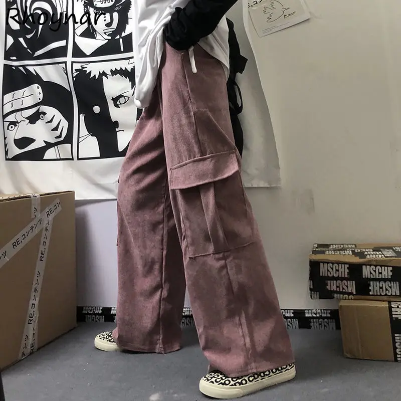 

Cargo Pants Women Harajuku Chic BF Style Pockets Corduroy High Waist Loose All-match Vintage Retro Bottoms Spring Fall Casual
