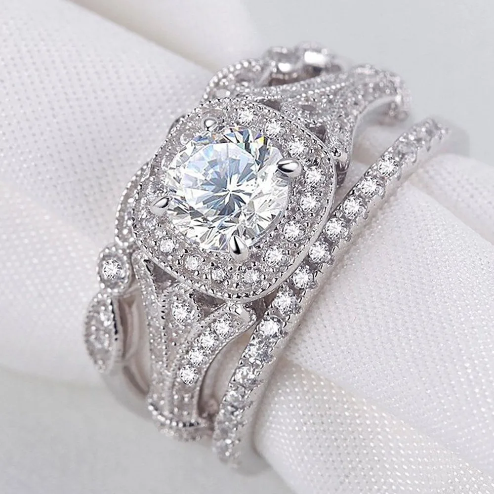 Luxury zircon diamonds stackable layered Rings sets for women wedding ring white gold silver color jewelry bijoux band | Украшения и