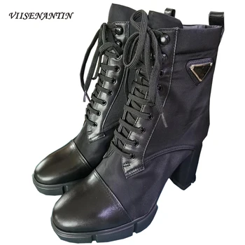 

Chunky High Heel Women Boots 2020 New Arrival Lace Up Round Toe Motorcycle Boots Runway Botas Altas Mujer Top Quality Patchwork