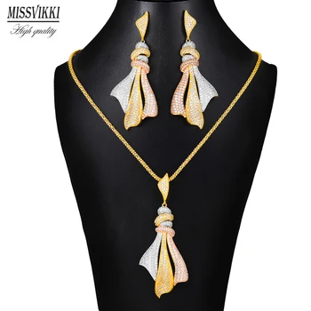 

missvikki Gorgeous Luxury Ribbon Shape Pendant Necklace Earrings Trendy Jewelry Sets For Women Statement Bridal Wedding Party