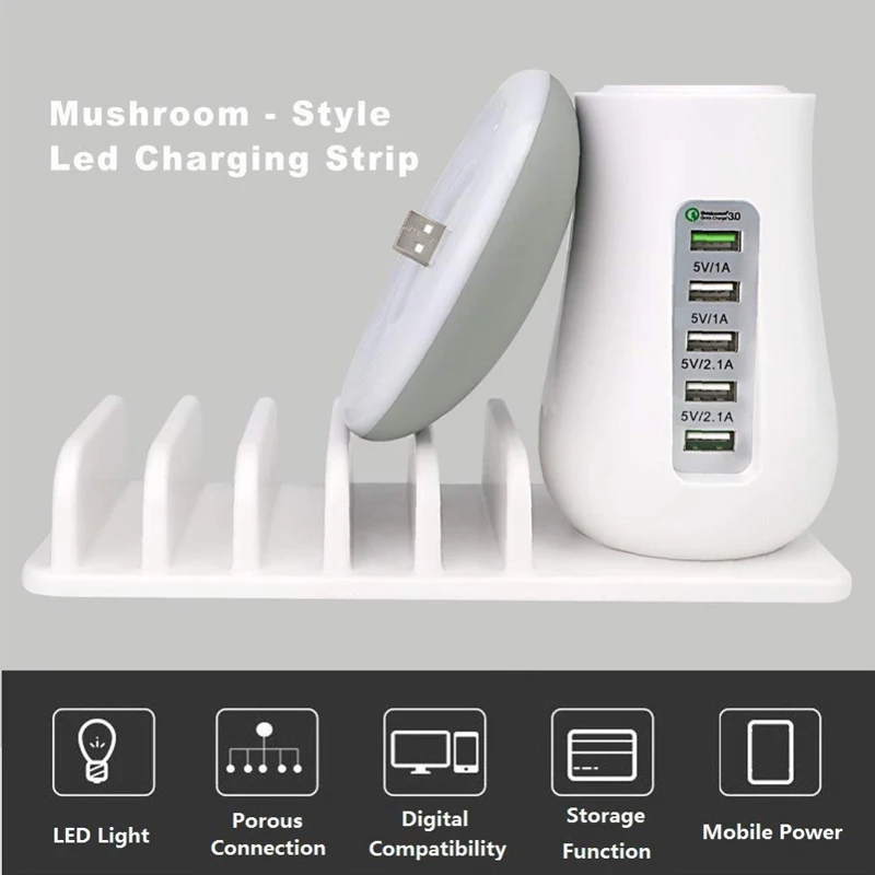 Многофункциональное зарядное устройство в виде гриба с несколькими портами 3,0, лампа в виде гриба QC3.0, быстрая зарядка для смартфона+ светодиодная лампа+ USB