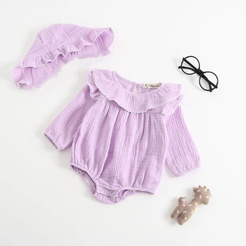 

PatPat Cute Solid Ruffled Collar Long-sleeve Bodysuit Hat Set for Baby Girl Snap Closure Summer Autumn Cotton