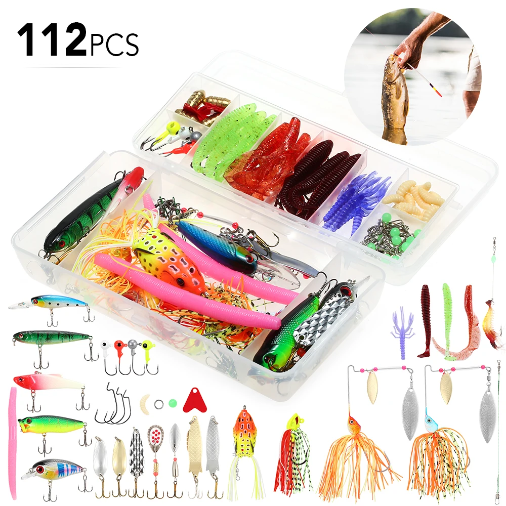 Lixada 112pcs Fishing Lure Bait Gear Kit Fishing Lure Set Spinnerbaits Worms Jig Hooks with Tackle Box Fishing Lures Accessories