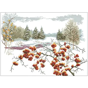 

Red currant by the river in winter Counted Cross Stitch 11CT 14CT 18CT DIY Cross Stitch Kits Embroidery Needlework Sets