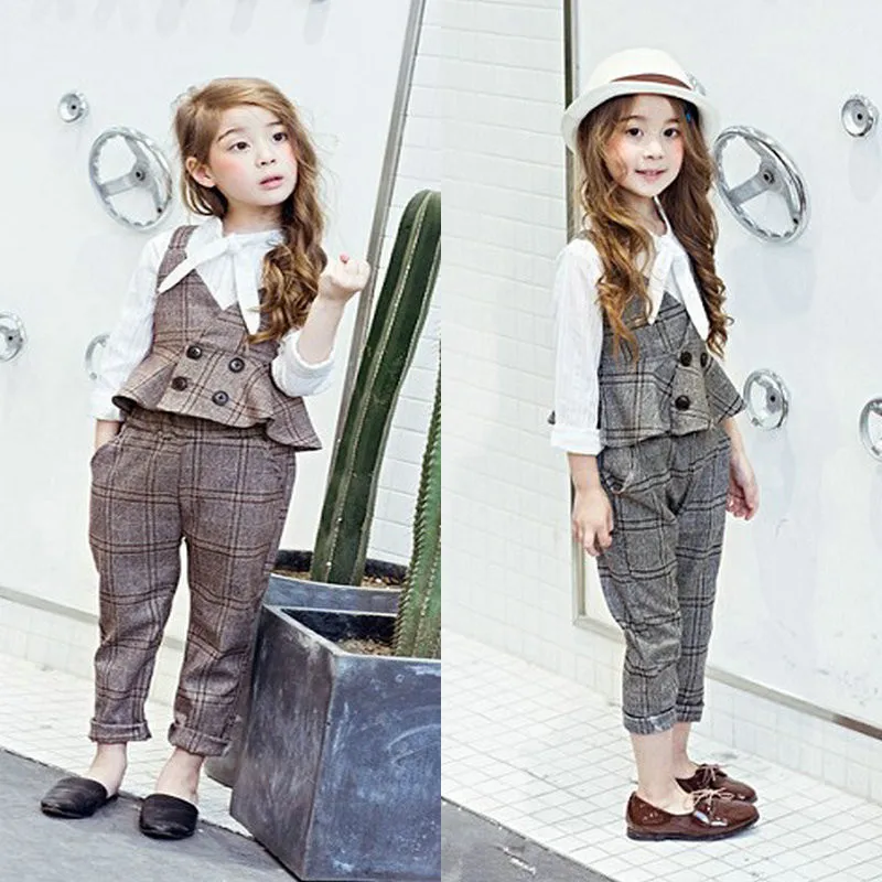 

2019 Autumn New Arrival Girls Fashion Plaid 2 Pieces Suit Vest +pants Kids Clothes