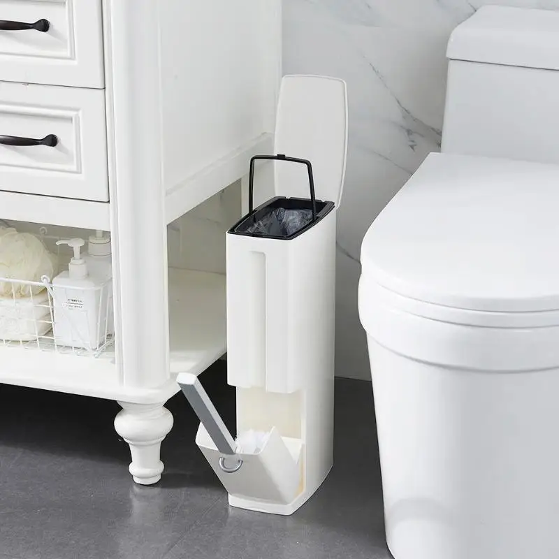 

Bathroom Waste Bin Plastic Trash Can With Toilet Brush Garbage Bucket Garbage Dispenser Built-In Multifunction Cleaning Tool