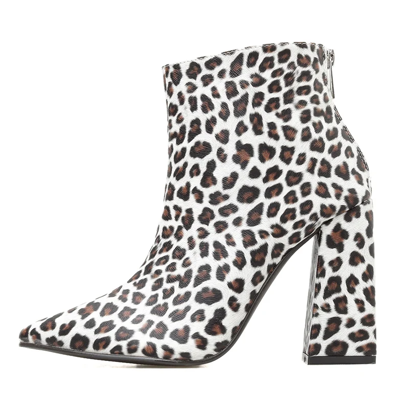 

2019 Women White Boots Stripper Leopard Boots Chunky 11cm High Heels Short Ankle Boots Combat Block Heels Fetish Zebra Shoes