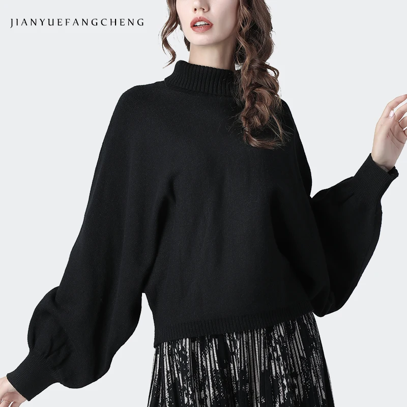 Loose-Fitting Women Black Sweater Button Up Collar Bat Wing Sleeve Pullover Warm Thick Knit Winter Top Plus Size Ladies Sweaters