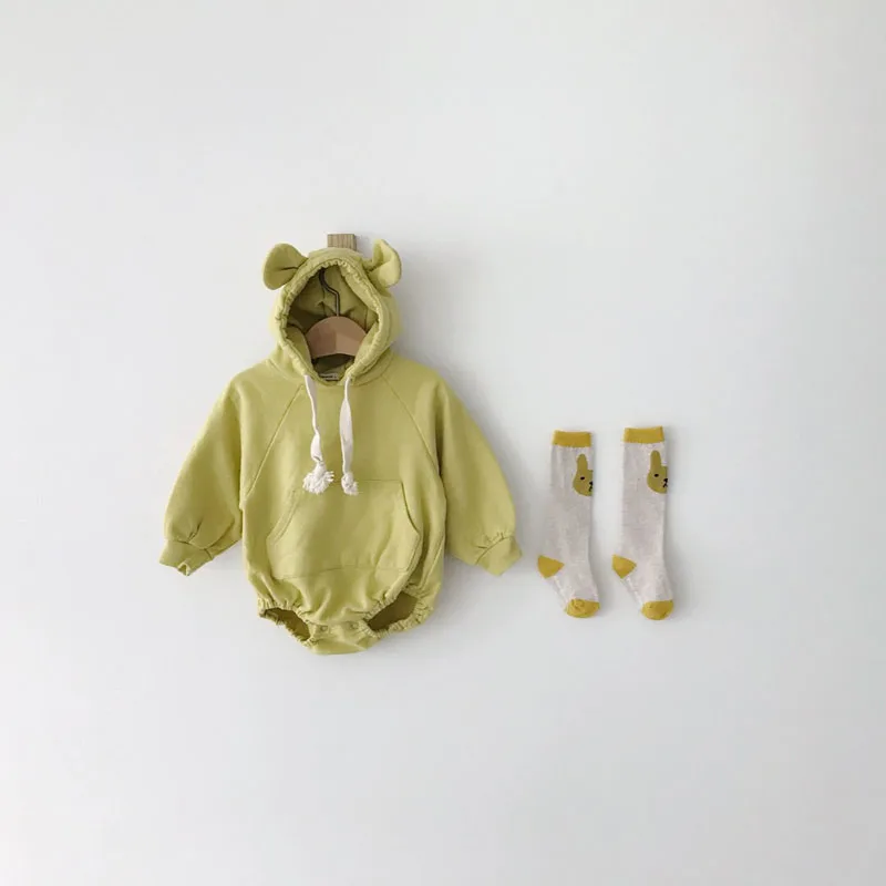 MILANCEL/Новинка; Детские Боди; костюм с капюшоном и медведем; детские комбинезоны в Корейском стиле; одежда для маленьких мальчиков - Цвет: Зеленый