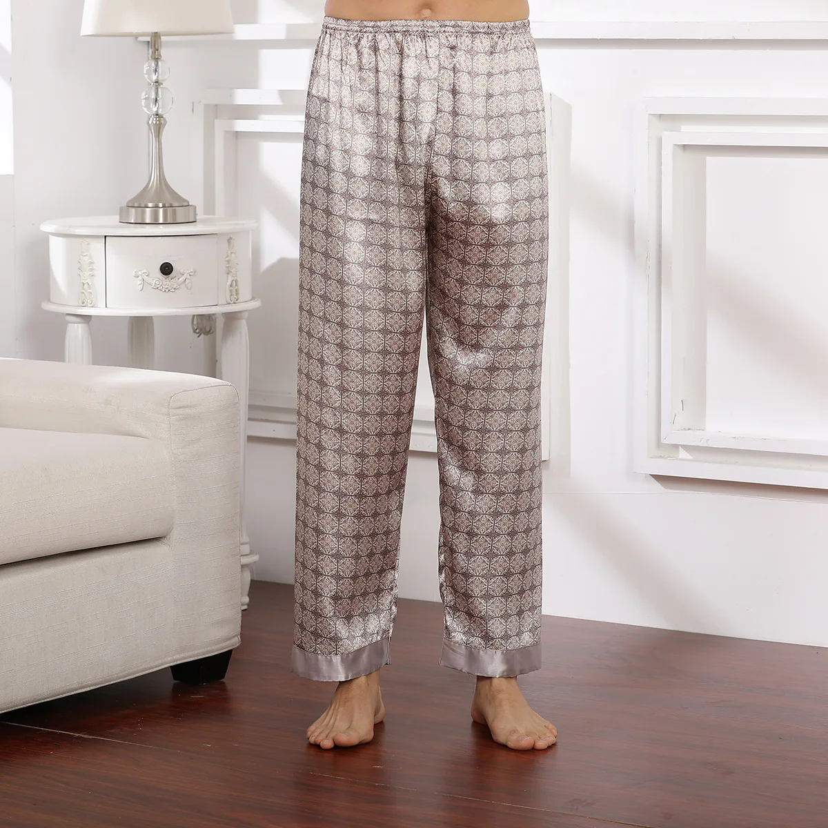 Plus Size Men's Ice Silk Sleep Pants Fashion Print Plaid Pajamas Casual Loose Home Bottom Luxury Silk Man Lounge Wear Trousers mens pajama pants Men's Sleep & Lounge