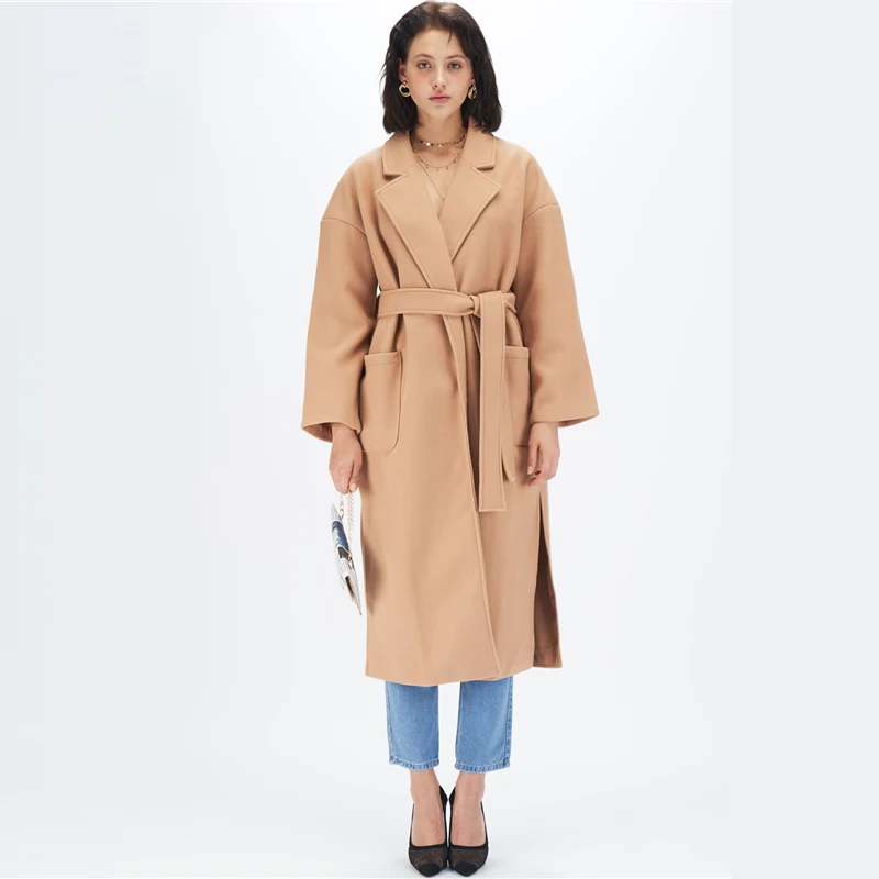 Женское пальто COLROVIE Camel с зубчатым воротником, с разрезом, с поясом,, зимнее, женское, элегантное, одноцветное пальто и куртки, повседневное, длинное пальто
