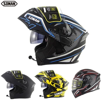 

casco moto Dot Approved Soman SM955 Retro Flip up Dual Visors Full Face Motorcycle Helmet with Bluetooth Headset