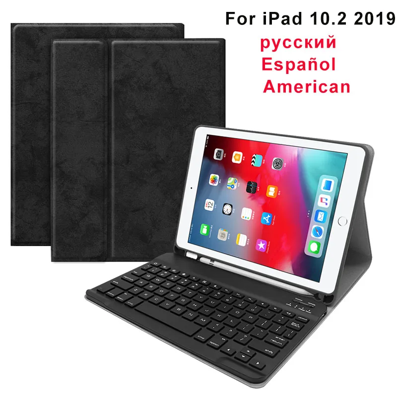 Испанская/Русская клавиатура для iPad 10,2 тканевая зернистая из искусственной кожи защитный чехол для планшета+ слот для ручки тонкая клавиатура США/Английский