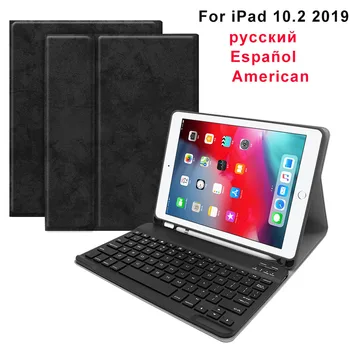 

Spanish/Russian Keyboard For iPad 10.2 2019 Wireless Keyboard Leather Tablet Protective Case +Pen Slot Slim USA/English Keyboard