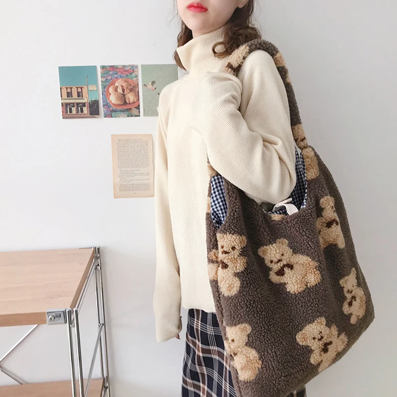 Women Plush Shoulder Bag Warm Cloth Fabric Handbag Soft Canvas Tote Large Capacity Shopping Bags Cute Bear Book Bags For Ladies 5