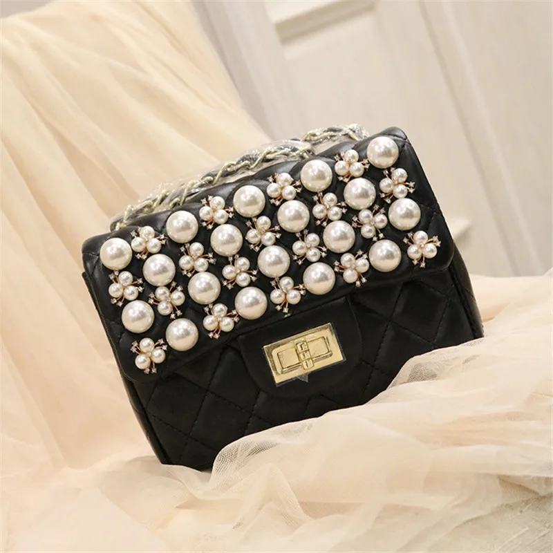 

2019 Summer New Luxury Fashion Diamond Pearl Small Fragrance Shoulder Messenger Chain Small Square Bag Women Purse and Handbags