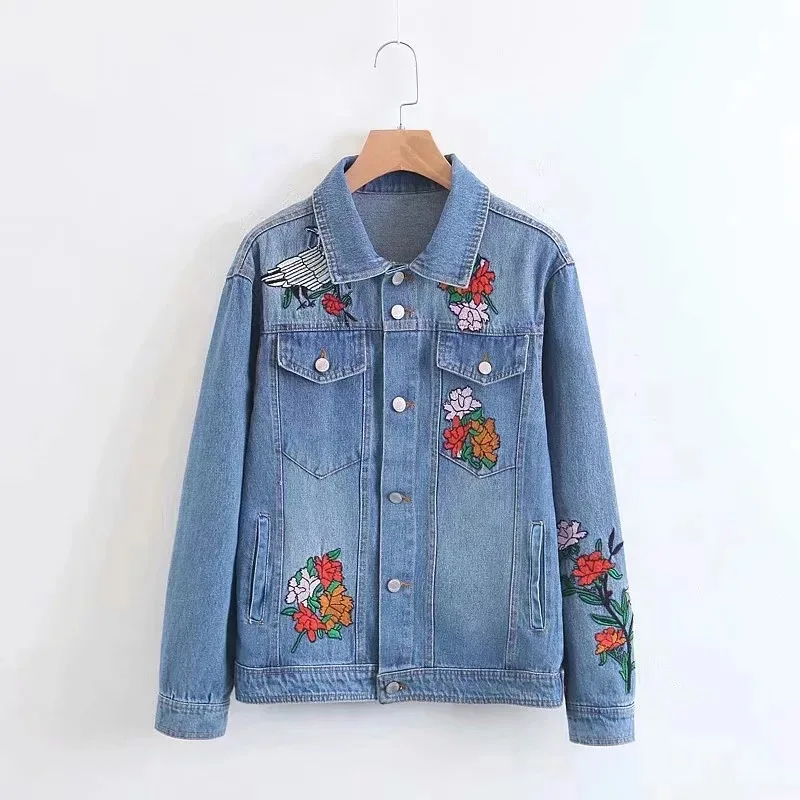 

Autumn European And American Style Retro Flower Embroidery Denim Jacket Short Lapel Cowboy Casual Denim Coat Female Jacket