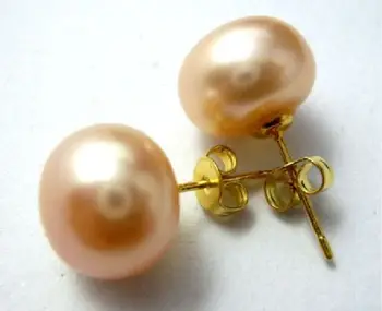

free shipping Beautiful natural south sea 11-12mm pink pearl earring 14k/20 yellow gold needle @