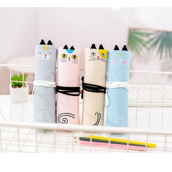 

Cartoon Canvas Pencil Case Animal Printed Wrap Roll Up Pencil Gel Pen Bag Pen Capacity School Stationery Brush Bag Gift