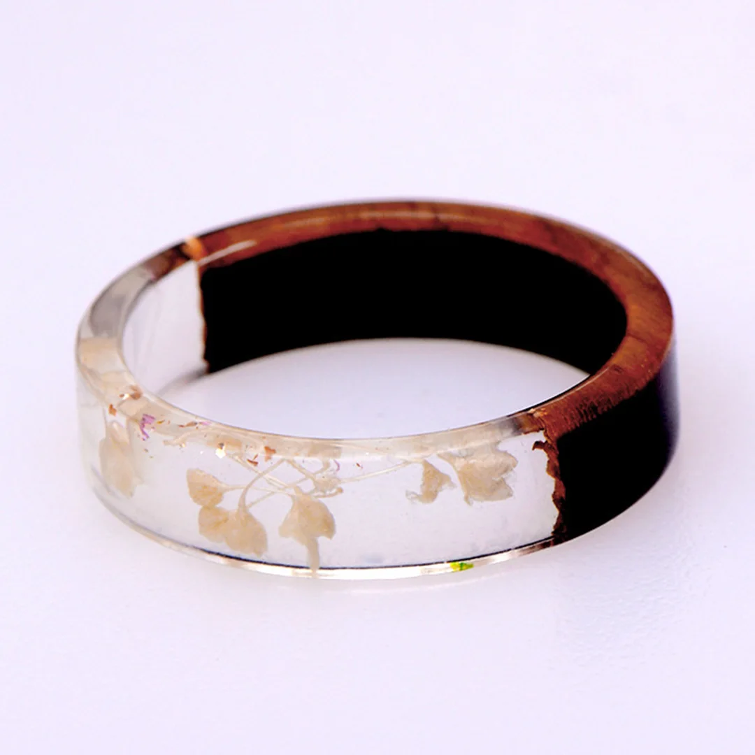 Dried Flower Resin Wood Ring Man Transparent Finger Ring Charm Plant Wood Bohemian Rings For Women Handmade Jewelry Party Gift