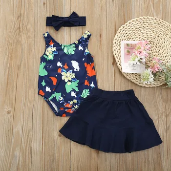 

Summer Girls Sets Baby Print Bow Backless Romper and Skirts 2020