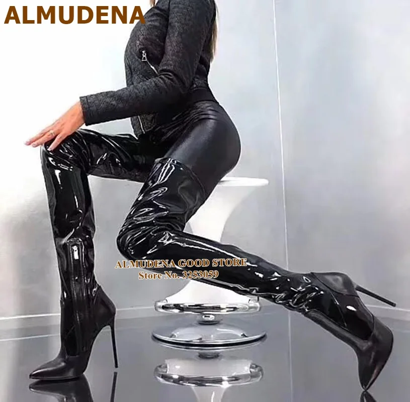 ALMUDENA/красные, Черные Сапоги выше колена из лакированной кожи; сапоги до бедра на высоком тонком каблуке с острым носком; пикантные облегающие высокие сапоги на молнии