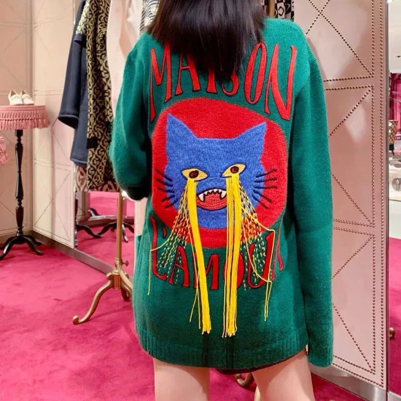 Для Женщин Свитер оверсайз Трикотаж Повседневная одежда с буквенным проектом, с бахромой для кошка зеленые топы свободного кроя с v-образным вырезом кардиган, Женское пальто Модная одежда za Femme